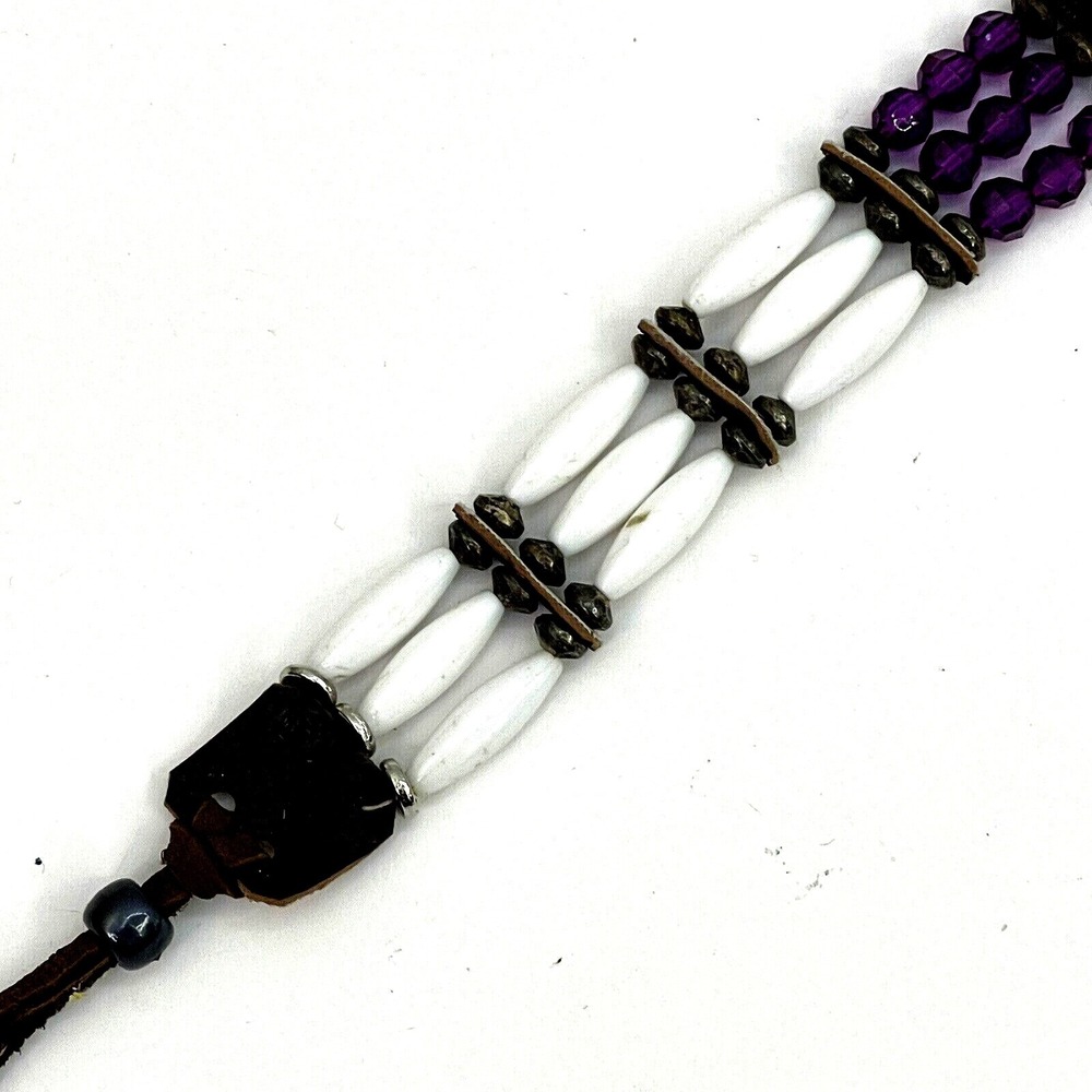 Handmade Beaded & Soft Leather Choker Necklace Purple White Diamond Design - Picture 3 of 12